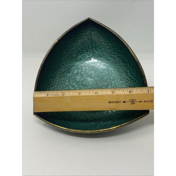 Vintage MCM Oppenheim Teal Green Enamel Triangular Footed Bowl Gold Brass Israel - Picture 8 of 9